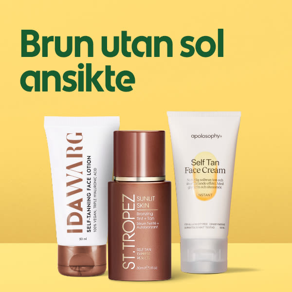 Tre olika brun utan sol-produkter för ansiktet placerade mot en gul bakgrund med texten "Brun utan sol ansikte".