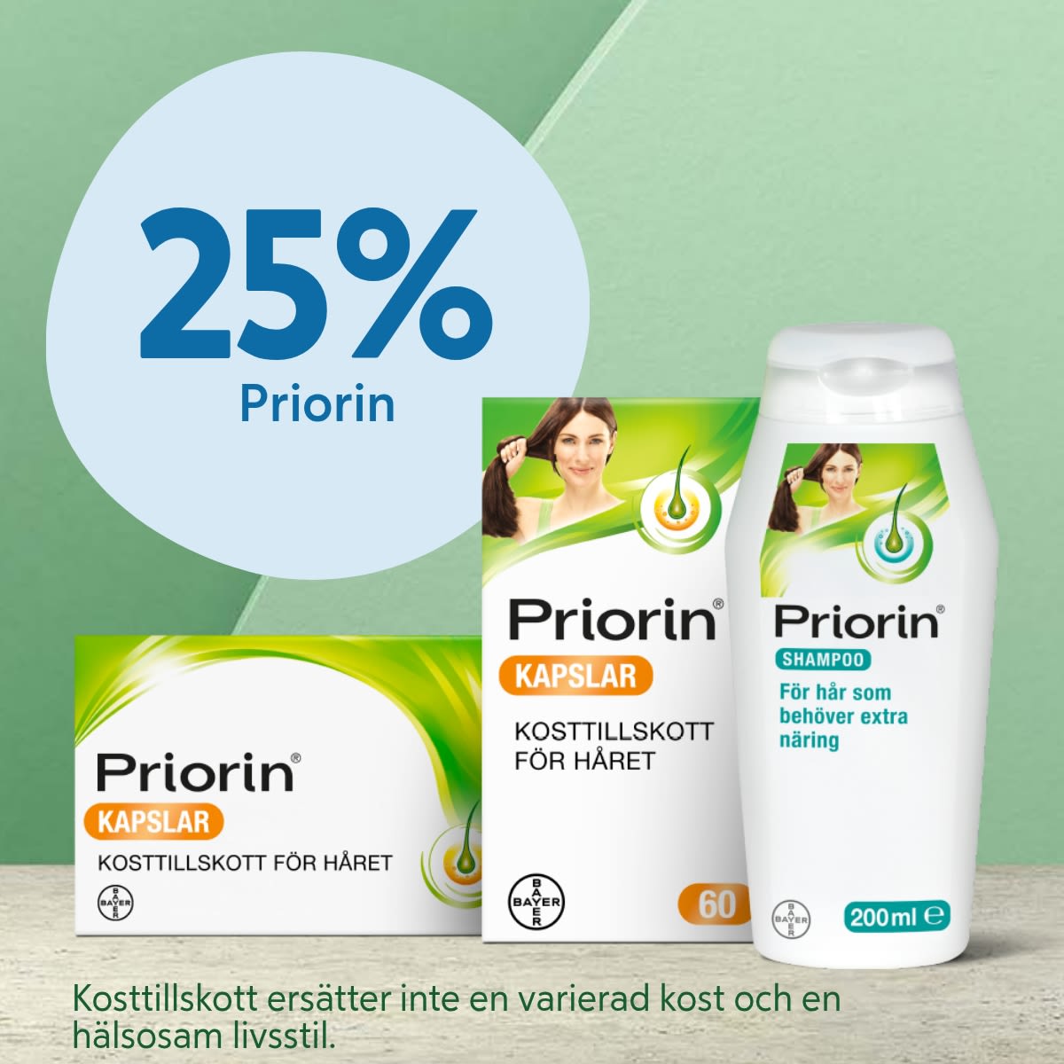 Priorin kapslar och shampoo för hår, med texten "25% Priorin" och varning om att kosttillskott inte ersätter varierad kost och hälsosam livsstil.
