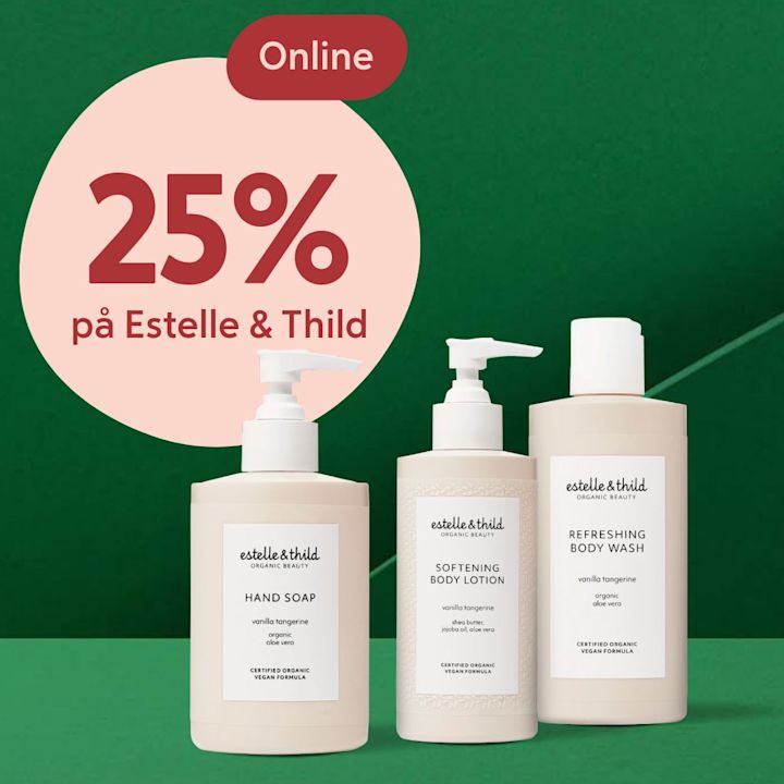 Tre Estelle & Thild hudvårdsprodukter med pumpflaskor visar 25% rabatt online mot en grön bakgrund.