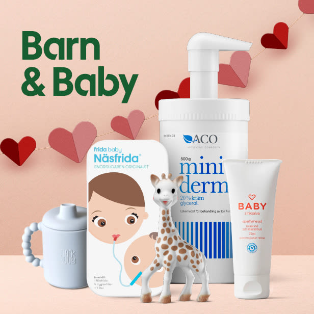 Barn- och babyprodukter inklusive nässug, hudkräm med glycerol, zinksalva, en blå barnmugg och en giraffleksak mot en bakgrund med pappershjärtan.