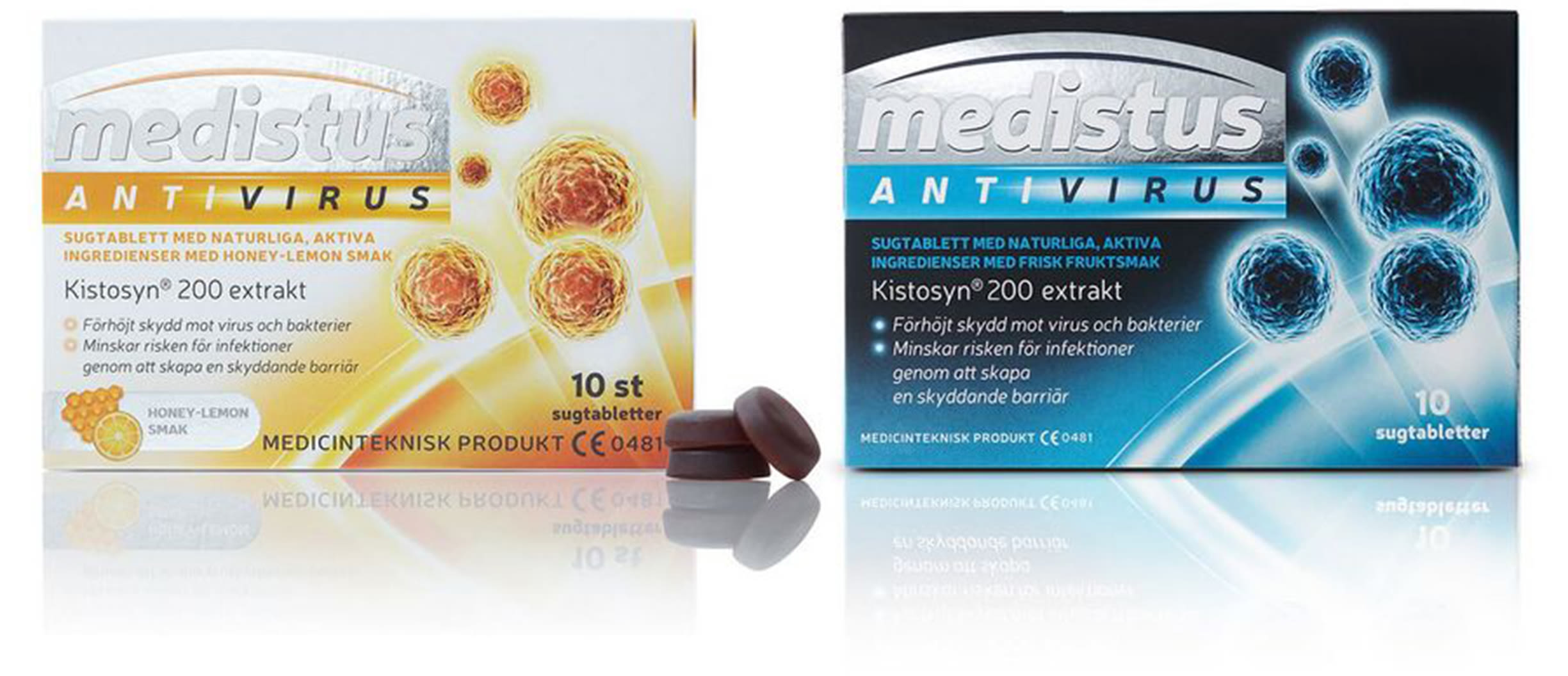 Två förpackningar Medistus Antivirus sugtabletter, en med honung-citron och en med fruktig smak, båda med Kistosyn 200 extrakt.