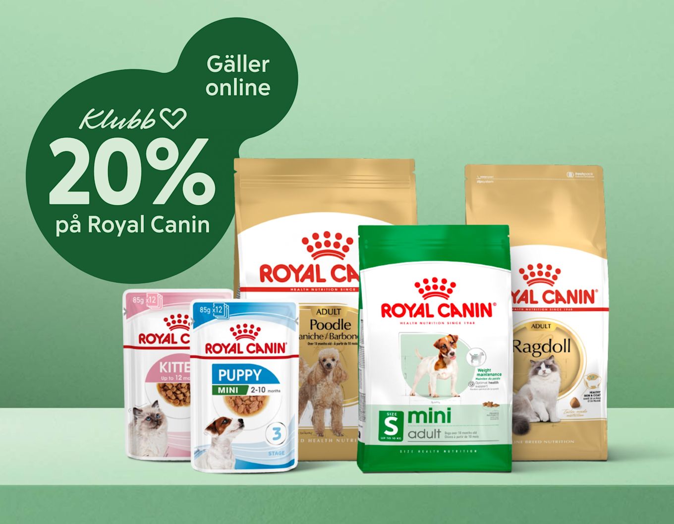 Paket med Royal Canin hund- och kattmat framför grön bakgrund med texten "Klubb 20% på Royal Canin, Gäller online".