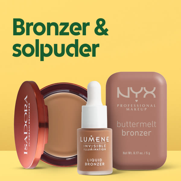 Tre sminkprodukter för bronzer och solpuder från IsaDora, Lumene och NYX på en gul bakgrund. Text: Bronzer & solpuder.