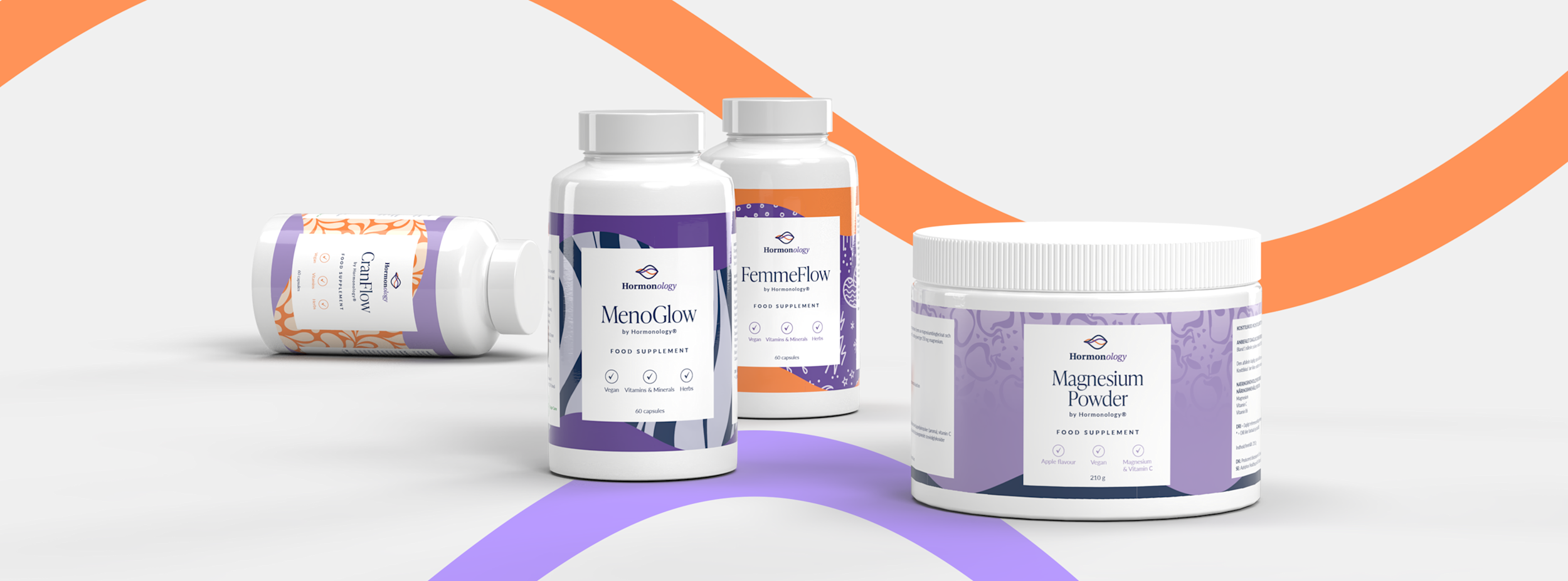 Fyra kosttillskott från Hormonology står på ett vitt underlag med färgglada vågformer i bakgrunden. Produkterna heter MenoGlow, FemmeFlow, CranFlow och Magnesium Powder.