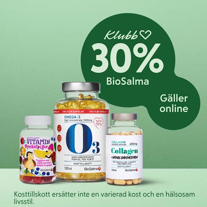 Tre kosttillskottsflaskor med Omega-3, vitamin och kollagen på grön bakgrund med texten "Klubb 30% BioSalma Gäller online".