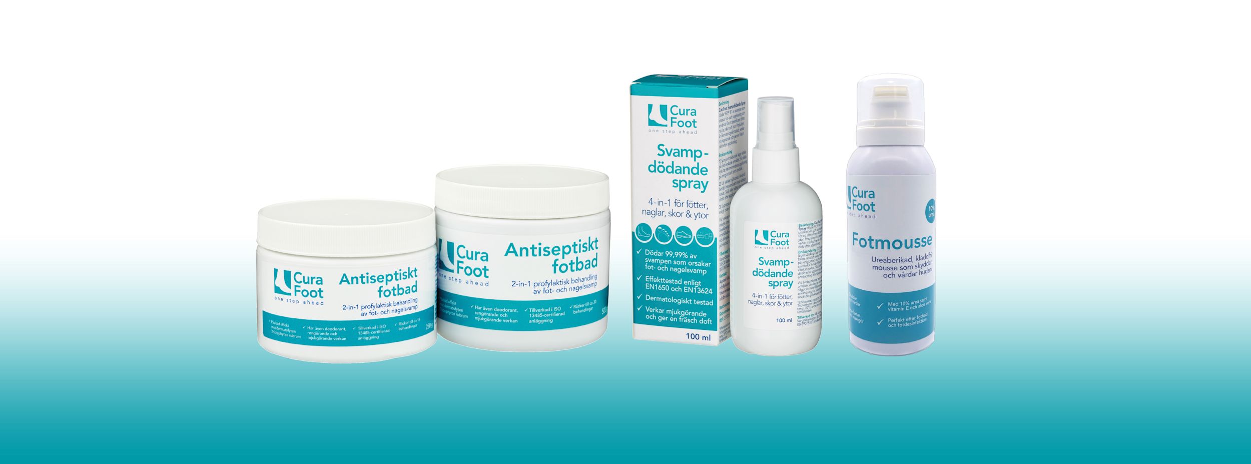 Fem CuraFoot-produkter står uppradade: två burkar antiseptiskt fotbad, svampdödande spray med förpackning och en flaska fotmousse.