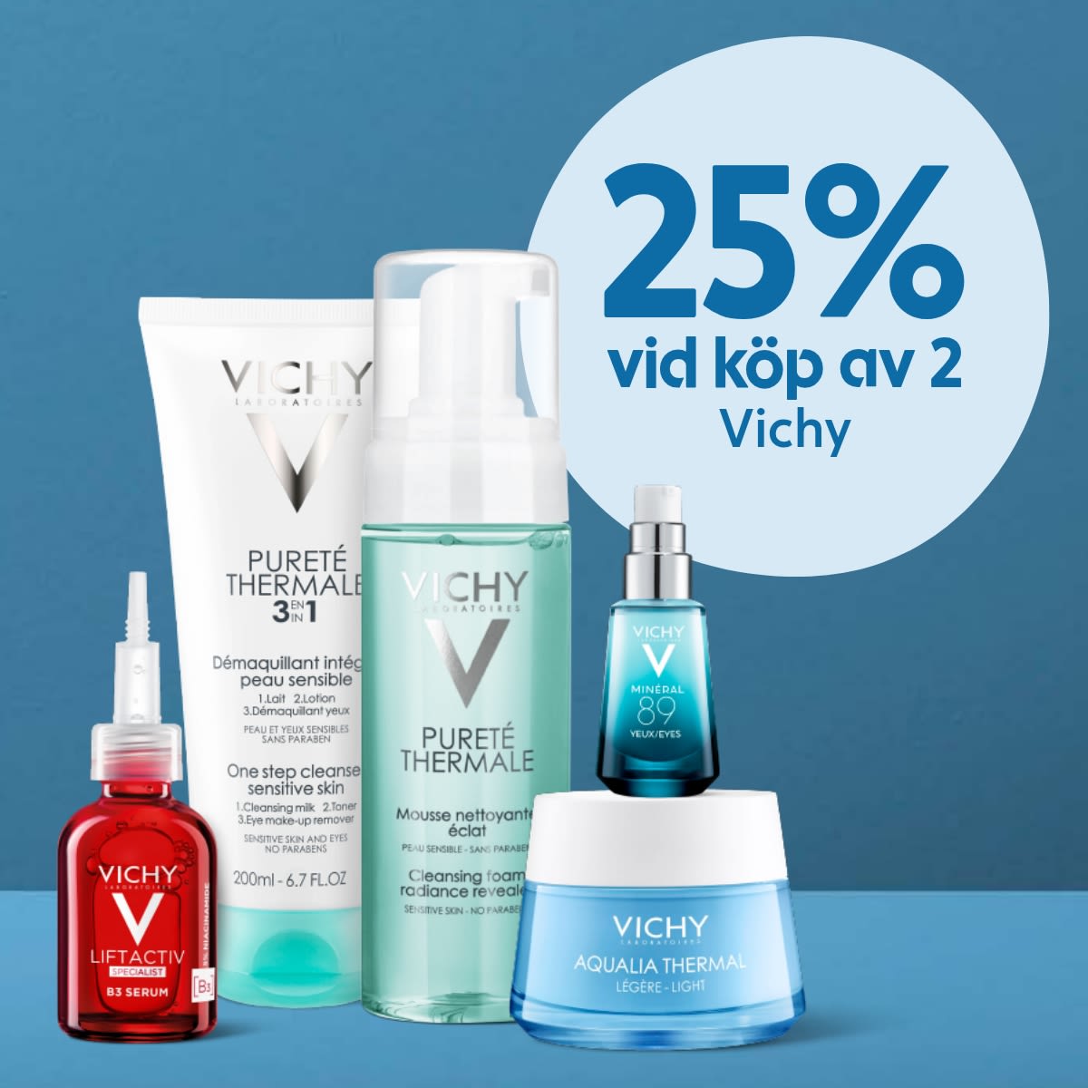 Fem olika Vichy hudvårdsprodukter visas mot blå bakgrund med texten "25% vid köp av 2 Vichy" i en ljusblå cirkel.