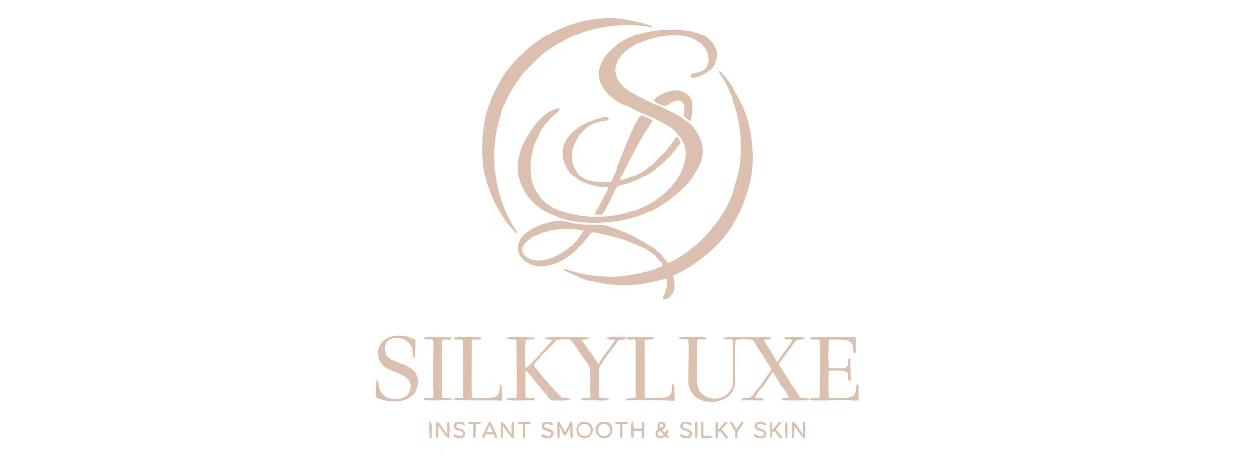 Logo: SILKYLUXE med texten "INSTANT SMOOTH & SILKY SKIN" under, i beige färg och elegant typsnitt.