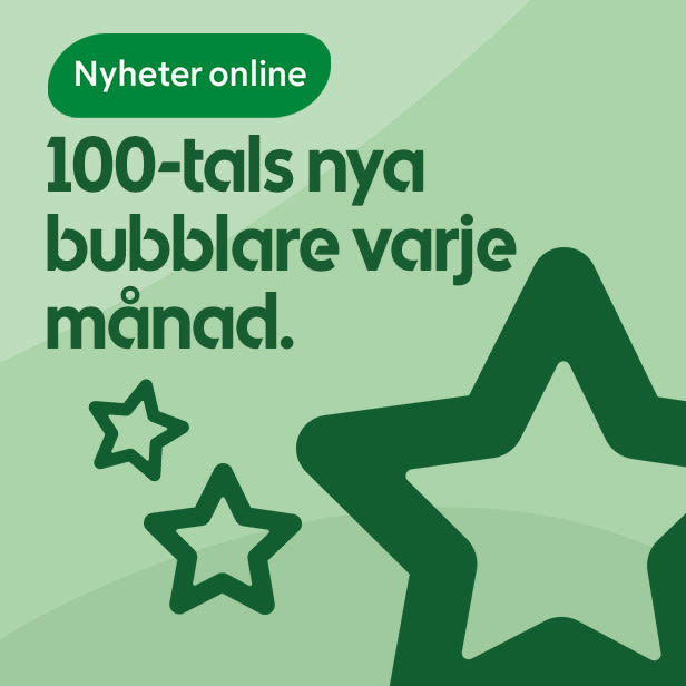Gröna stjärnor visas bredvid texten "Nyheter online 100-tals nya bubblare varje månad" på en ljusgrön bakgrund.