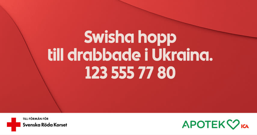 Swisha hopp till drabbade i Ukraina. 123 555 77 80. Apotek Hjärtat till förmån för Svenska Röda Korset.