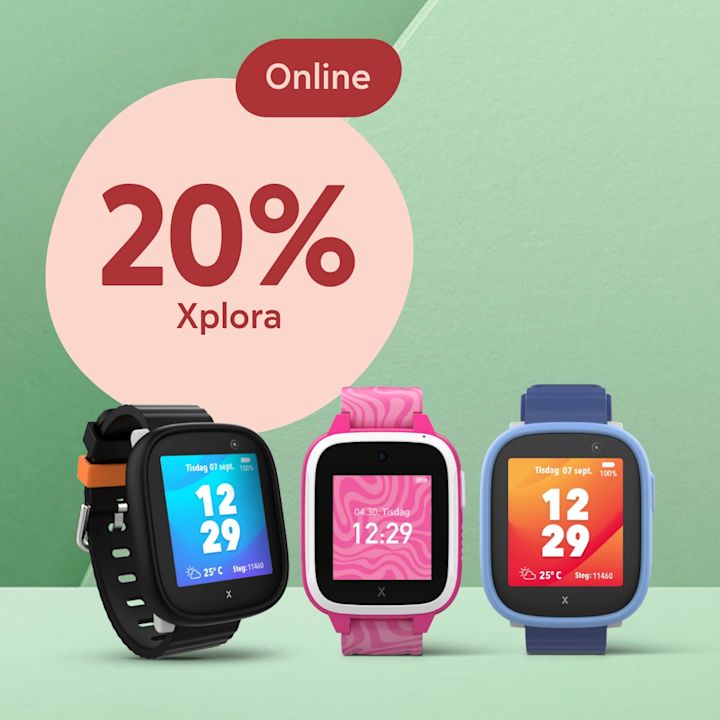 Tre Xplora smartklockor i svart, rosa och blått visas bredvid en rosa cirkel med texten "Online 20% Xplora" på en grön bakgrund.