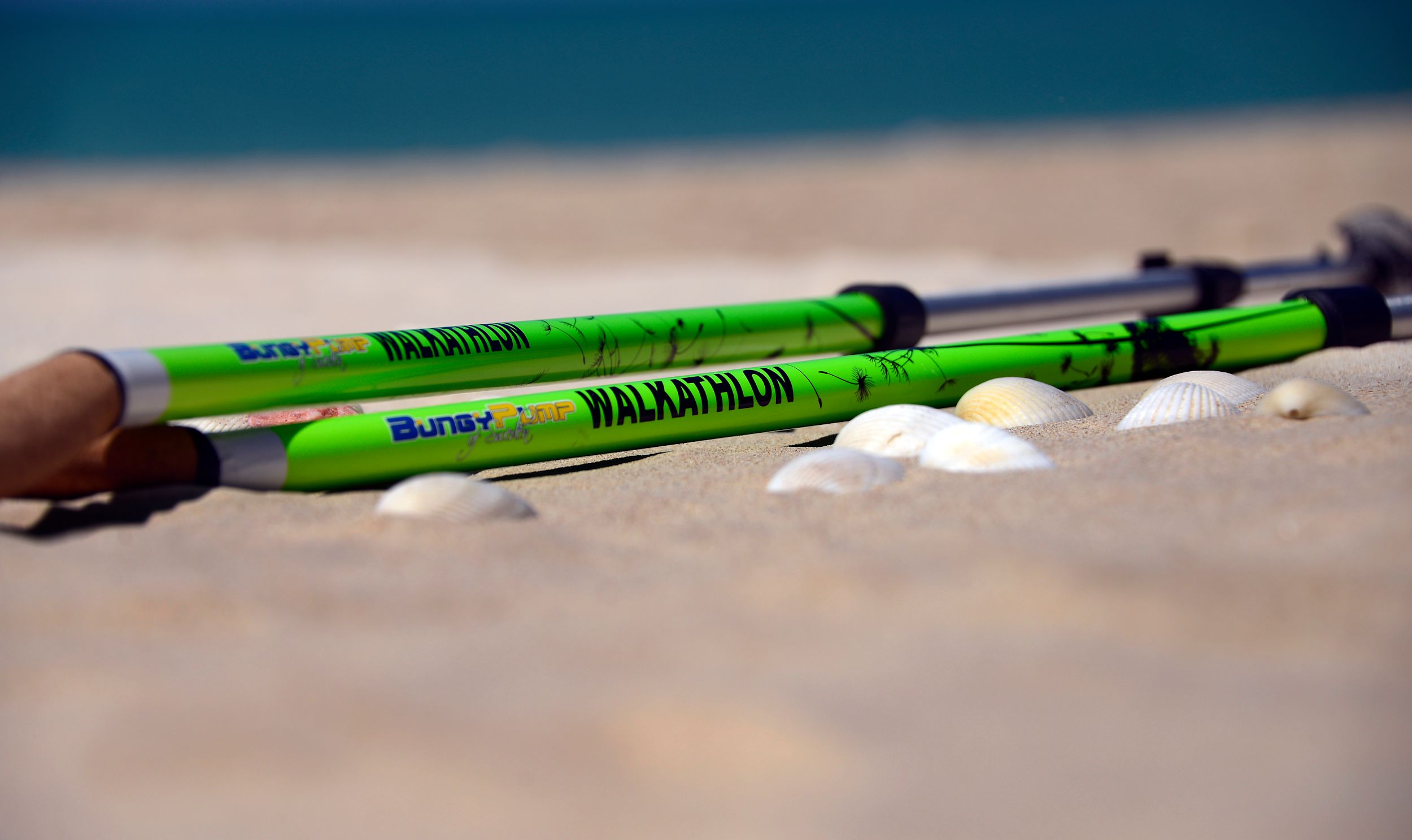 Två gröna BungyPump Walkathlon-stavar ligger på sanden bredvid snäckskal på en strand.