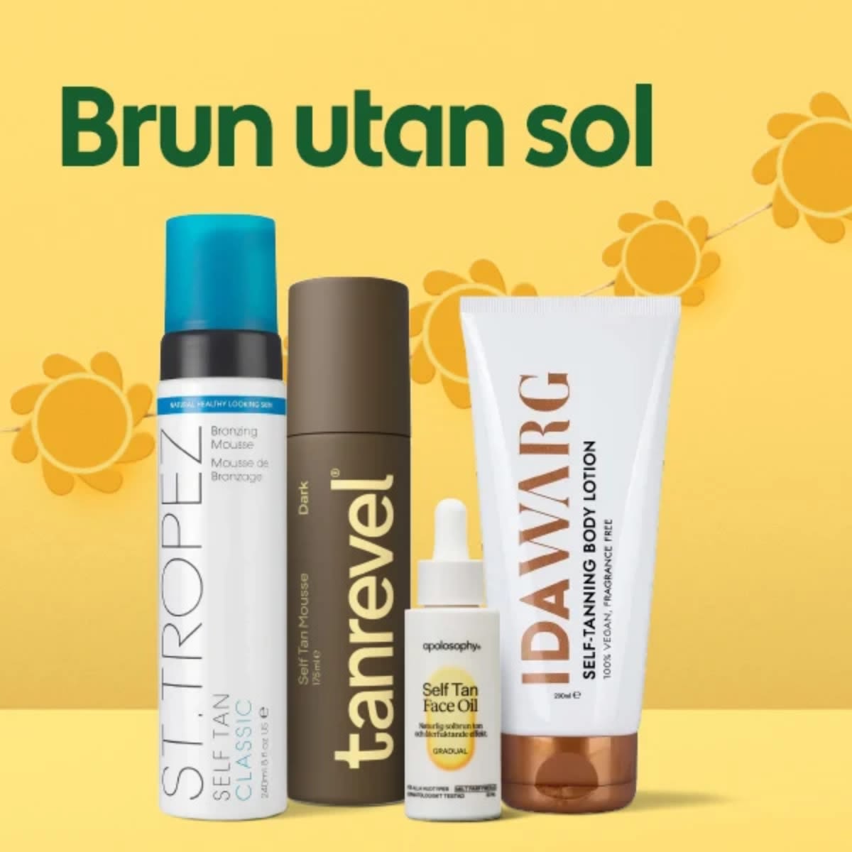 Fyra förpackningar med brun-utan-sol-produkter för kropp och ansikte, mot en gul bakgrund med texten "Brun utan sol" och solformade dekorationsgirlander.
