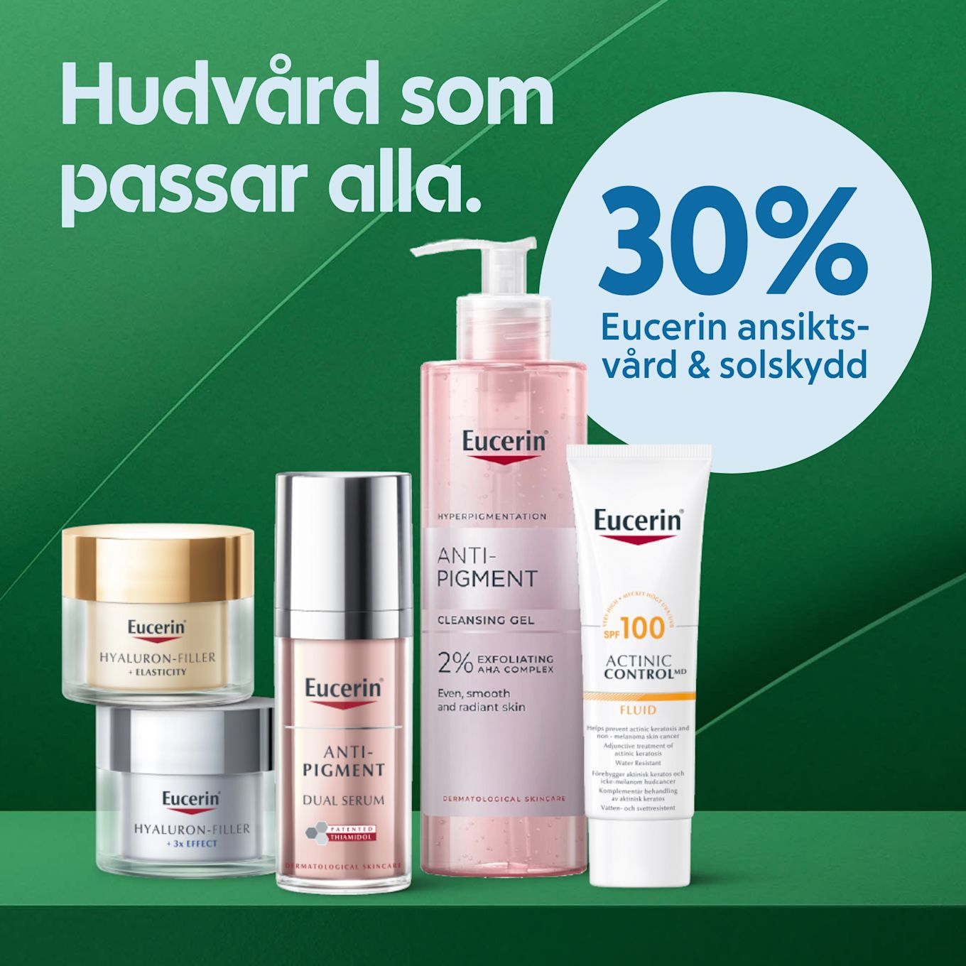 Fyra Eucerin hudvårdsprodukter står på rad mot en grön bakgrund med texten "Hudvård som passar alla" och en cirkel med texten "30% Eucerin ansiktsvård & solskydd".