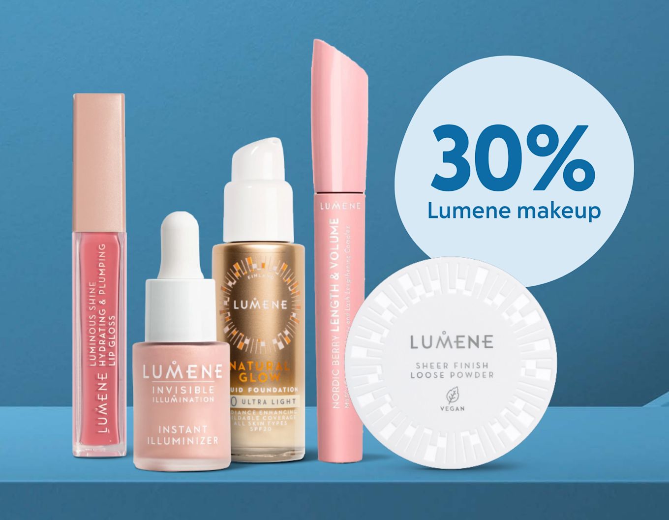 Fyra Lumene sminkprodukter i olika förpackningar placerade på blå bakgrund med texten "30% Lumene makeup".