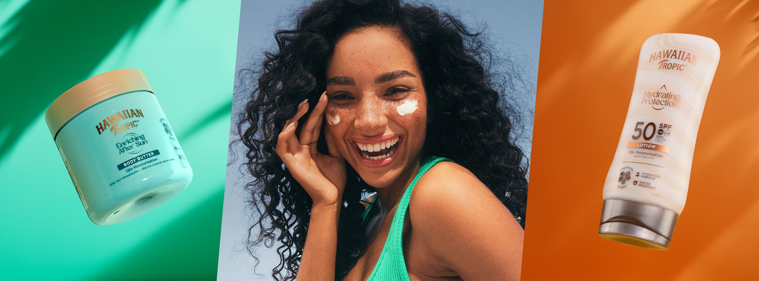 Leende kvinna applicerar solkräm i ansiktet, omgiven av Hawaiian Tropic After Sun Body Butter och SPF 50 solkräm.