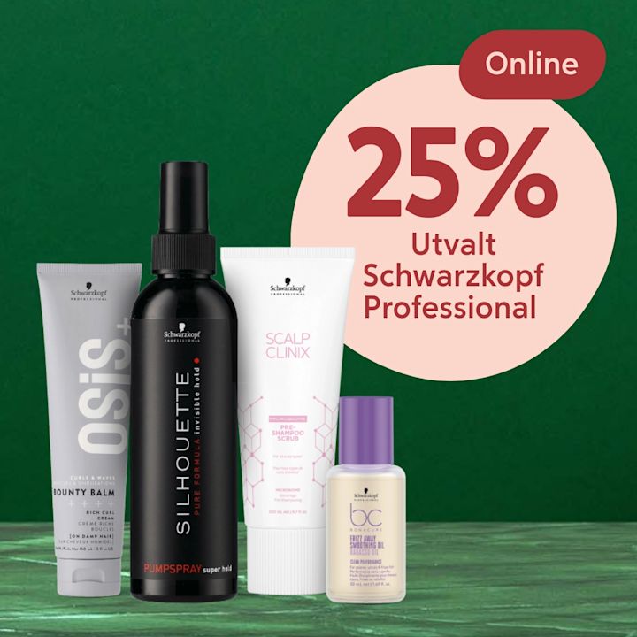 Fyra Schwarzkopf Professional hårvårdsprodukter står på ett grönt bord med texten "25% Utvalt Schwarzkopf Professional Online" på en rosa cirkel i bakgrunden.
