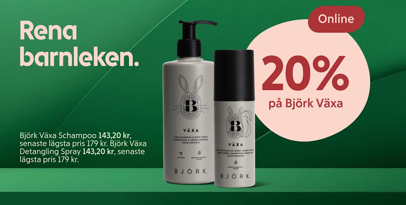 Två Björk Växa produkter, shampoo och spraybalsam, står på en grön yta med texten "Rena barnleken" och erbjudandet "20% på Björk Växa Online" i bakgrunden.