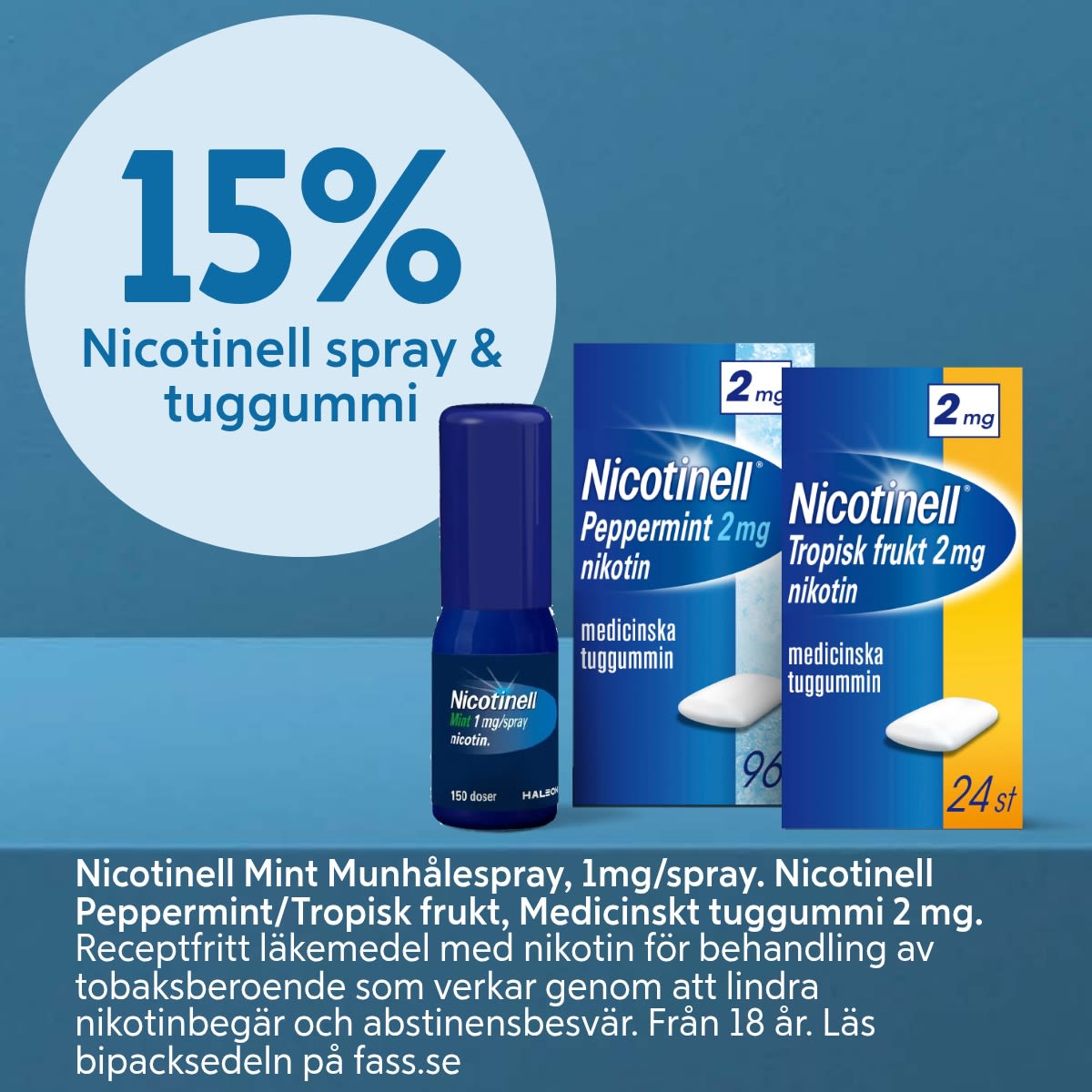 Nicotinell sprayflaska och två paket Nicotinell medicinskt tuggummi i smakerna pepparmint och tropisk frukt på blå bakgrund med erbjudande 15%.