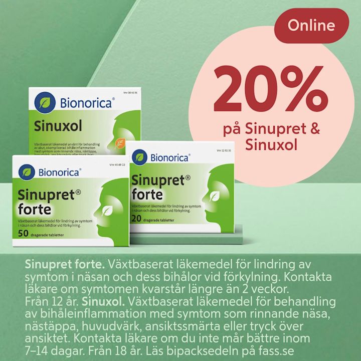 Tre förpackningar av Bionorica läkemedel Sinupret forte och Sinuxol visas med en rosa cirkel som markerar 20 % rabatt online.