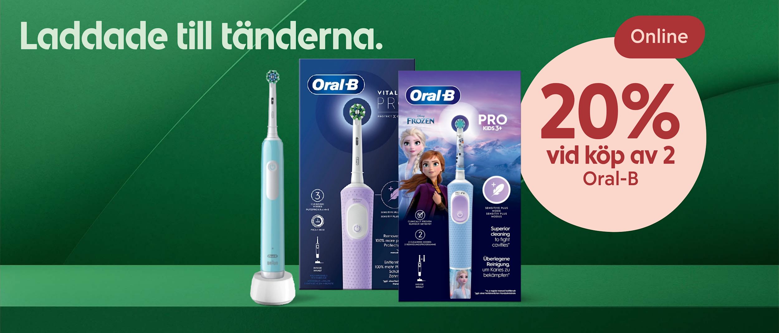 Tre olika modeller av Oral-B eltandborstar med förpackningar mot en grön bakgrund, erbjudande om 20% rabatt vid köp av två.