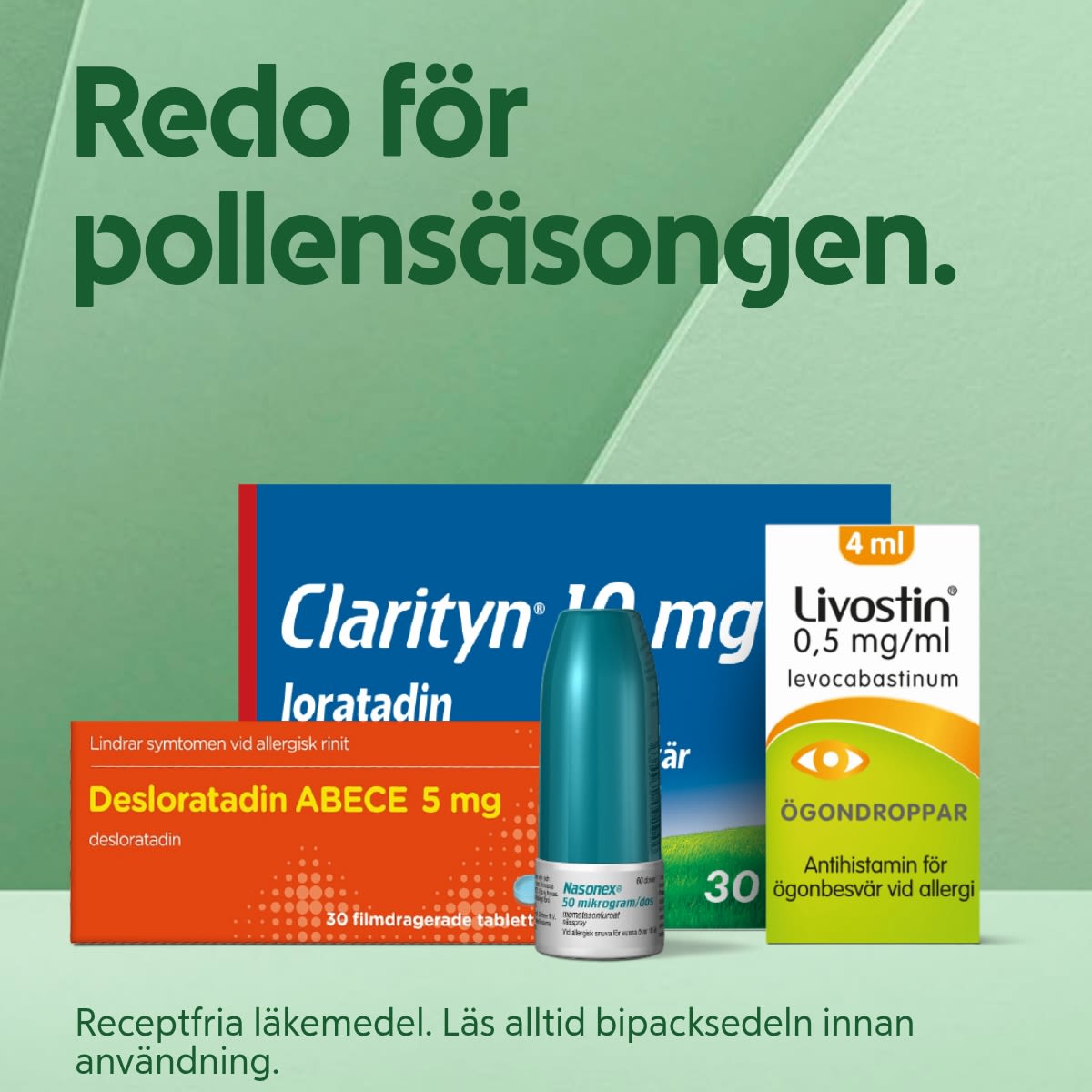 Olika allergimediciner, inklusive Clarityn, Desloratadin ABECE, Nasonex och Livostin ögondroppar, visas mot grön bakgrund med texten "Redo för pollensäsongen".