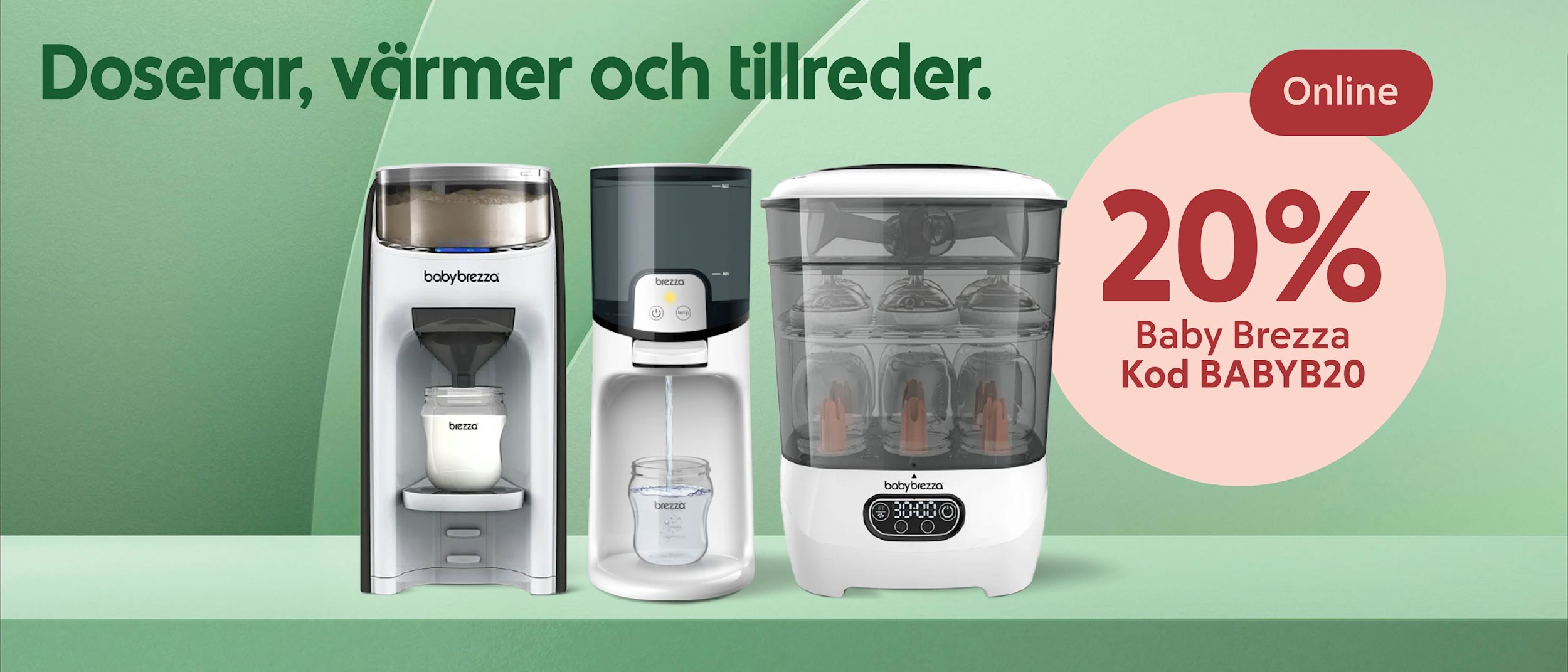 Tre Baby Brezza-apparater för dosering, uppvärmning och tillredning av barnmat står på en grön yta med text om 20% rabatt online.