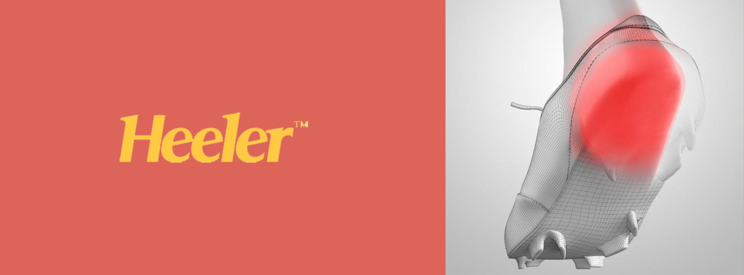 Logotyp: Heeler i gul text på röd bakgrund, bredvid en häl markerad med rött i en genomskinlig sko.