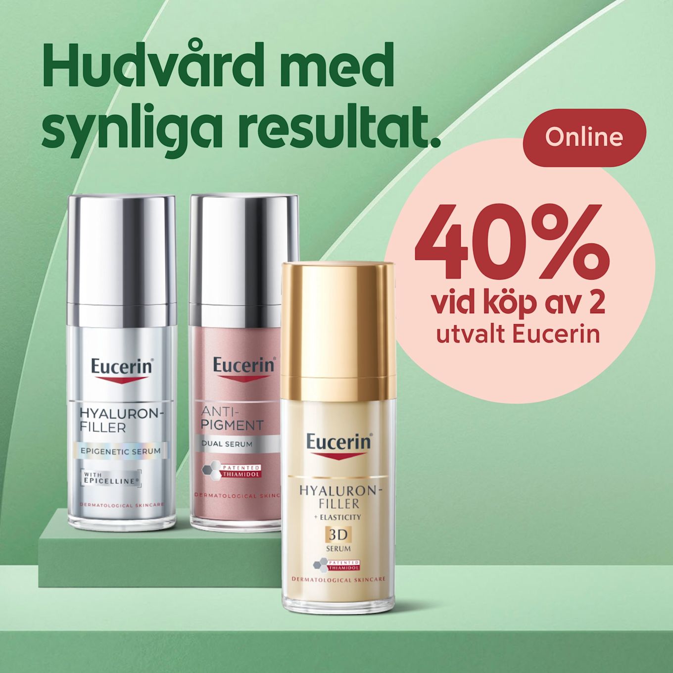 Tre Eucerin-serumflaskor står på en grön piedestal med texten "Hudvård med synliga resultat" och erbjudandet "40% vid köp av 2 utvalt Eucerin online" i en rosa cirkel.