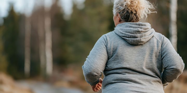 Kvinna i grå hoodie joggar ute i naturen. Bilden är delvis skapad med AI.