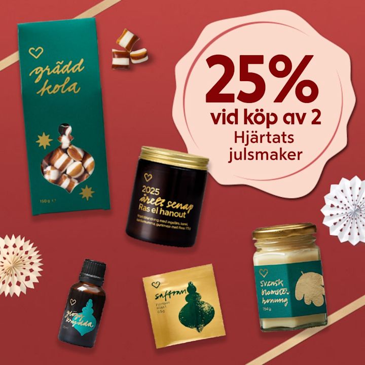 Gräddkola, senap, honung, saffran och kryddolja visas med texten "25% vid köp av 2 Hjärtats julsmaker" på röd bakgrund.